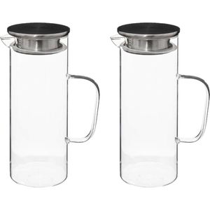 Secret de Gourmet Water Karaf/Schenkkan - 2x - rvs dop - glas - 1.1 Liter - D9 x H22 cm