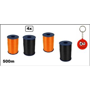 4x Krullint oranje/zwart 5mmx500meter + sleutelhanger smiley| merk Cotton blue |krullint | krul lint kerst thema feest decoratie kado krul lint.