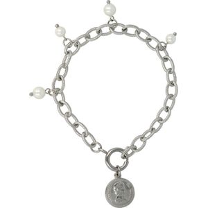 My Bendel Schakelarmband zilverkleurig met muntbedel en witte parel - Zilverkleurige getwiste schakelarmband met White Pearl Bedels - Met luxe cadeauverpakking