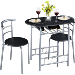 Eetkamerset in landhuisstijl, tafelset voor 2 personen met 1 eettafel en 2 stoelen, keukentafel met opbergvak, eettafelset, eetkamergarnituur, zwart