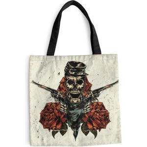 Schoudertas - Strandtas - Shopper Een illustratie van een schedel met rozen en revolvers - 45x45 cm - Katoenen tas
