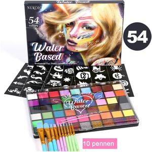 54 Kleuren Schminkset Kinderen – Schminkset - Schmink op Waterbasis met Kwasten, Sjablonen – Inclusief 10 Penselen-Veilig voor Kinderen – Ideaal voor Feest & Halloween