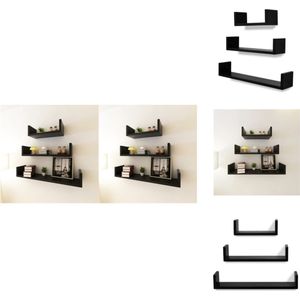 vidaXL Wandplanken - Set van 6 - Onzichtbaar montagesysteem - MDF - Mat zwart - Afm - 60x12x10cm - 45x12x10cm - 30x12x10cm - Wandsteun