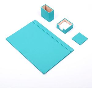 Lederen Bureauset TURQUOISE- Wit Gestikt-4 Accessoires-Bureau Accessoires - Voor Kantoor-Bureau Accessoires-Office Organizer-Bureau Pad - Bureau Organizers En Accessoires