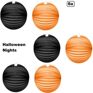 6x Lampion Halloween 25cm - zwart en oranje - Creepy Griezel festival thema feest verjaardag party papier BBQ strand licht