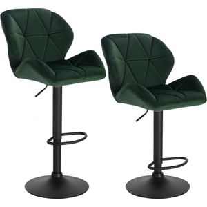 Set van 2 barkrukken - Donker groene fluwelen barkrukken - Gas lift Barstoel, Kruk, Stoelen - Barstoelen met rugleuning - Zwart Metaal onderstel - Keukenstoel - Barkruk zithoogte 60-82cm