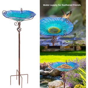 Vogeldrinkschaal - Vogelbad - Vogel Voederschaal - Vogelbad op Voet - Metalen Standaard + Glazen Schaal - 63 CM Hoog - Blauw