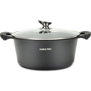 Swiss Pro+ Braadpan - met glazen deksel - Zwart - 24 cm - Antiaanbaklaag