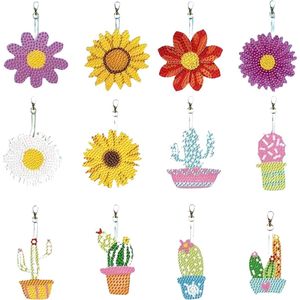 Diamond Painting Sleutelhanger - Dubbelzijdig - 12 x sleutelhanger - Giftset vrouw - Bloemen - Cactus - 3D Sleutelhanger - Volwassenen - Hobby - Kinderen - volledig pakket - Kinderfeestje - Maak je eigen sleutelhanger - Hanger voor aan je tas