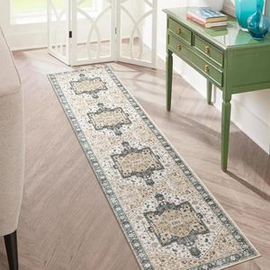 Bastix - Loper tapijt 60 x 300 cm, antislip, lang keukentapijt, wasbaar, dunne tapijten, vintage medaillon, tapijt voor woonkamer, slaapkamer, keuken (salieblauw)