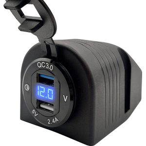 ProRide 12V USB Stopcontact 2 Poorten Opbouw met Voltmeter - QC3.0 - DS2114B - USB Autolader, Boot en Camper - Complete set - Blauw