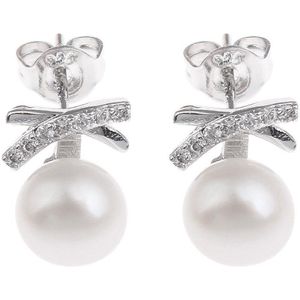 Zoetwater parel oorbellen Pearl Bling X - oorstekers - echte parels - wit - stras steentjes - zilver