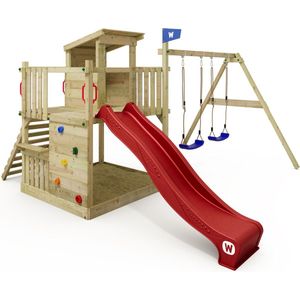 WICKEY speeltoestel klimtoestel Smart Cabin met schommel & rood glijbaan, outdoor klimtoren voor kinderen met zandbak, ladder & speelaccessoires voor de tuin