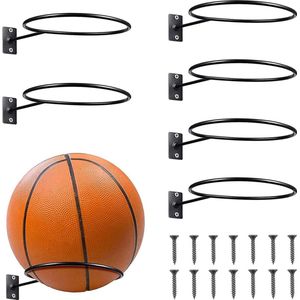 6 stuks wandhouder balrek, wandhouder balopslag met schroeven, gemonteerde metalen bal, wandhouder, balrek voor basketbal, rugby volleybal, voetbal, display (zwart)