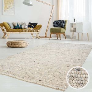 Wollen vloerkleed handweef Ylva - beige/grijs 170x230 cm