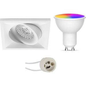 LED Spot Set GU10 - Oficto - Smart LED - Wifi LED - Slimme LED - 5W - RGB+CCT - Aanpasbare Kleur - Dimbaar - Afstandsbediening - Proma Qiundo Pro - Inbouw Vierkant - Mat Wit - Kantelbaar - 80mm