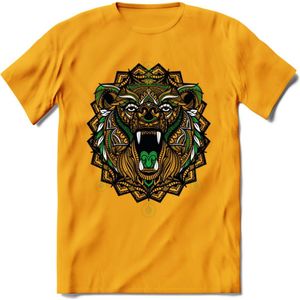 Beer - Dieren Mandala T-Shirt | Groen | Grappig Verjaardag Zentangle Dierenkop Cadeau Shirt | Dames - Heren - Unisex | Wildlife Tshirt Kleding Kado | - Geel - XXL