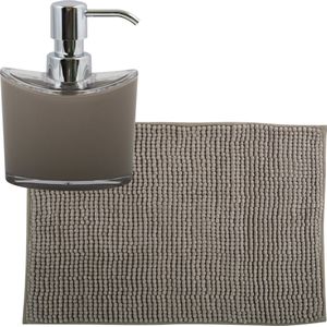 MSV badkamer droogloop mat/tapijtje - 50 x 80 cm - en zelfde kleur zeeppompje 260 ml - beige