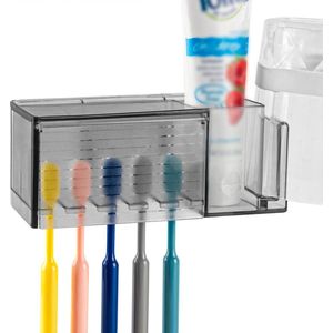 Wandgemonteerde tandenborstelhouder met tandpasta en bekerhouder, tandenborstelopbergstandaard met deksel voor badkamer