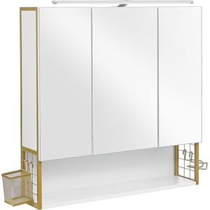 Spiegelkast badkamer - Spiegelkasten - Badkamermeubel met spiegel - Badkamermeubel met spiegelkast - Spiegelkast - Spiegelkast met verlichting - MDF - Glas - 14.8 kg - Wit - Goud - 70 x 14,5 x 70 cm