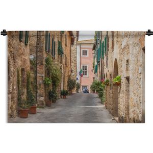 Wandkleed San Gimignano - Straat van de Italiaanse middeleeuwse stad San Gimignano in Toscane Wandkleed katoen 90x60 cm - Wandtapijt met foto