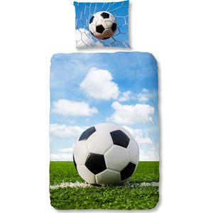 Dekbedovertrek voor Kinderen - 140x220 cm - Voetbal Print - Blauw/Wit - 1 Persoons - 100% Flanel Katoen