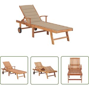 The Living Store Ligbed met beige kussen massief teakhout - Ligbed - Teak Hout - Lounge Stoel - Buitendecoratie - Tuinset