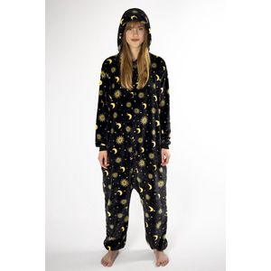 KIMU Onesie Maan Zon Sterren Pak - Maat S-M - Maantjespak Kostuum Zwart - Huispak Fleece Maantjes Pyjama Zonnetjes Sterretjes Dames Heren Festival