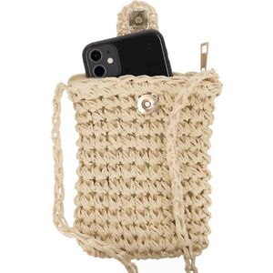 Telefoontas Dames - Gevlochten Stro - Kit - Telefoontasje - Telefoontasje dames crossbody - Telefoontasje dames - Telefoon tasje