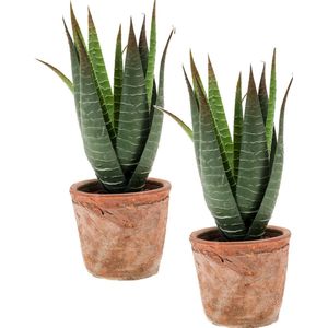 Set van 2x stuks Aloe Vera kunstplant in terracotta pot 23 cm - Aloe Barbadensis - Woondecoratie/accessoires - Kunstplanten - Nepplanten - Aloe vera planten in pot