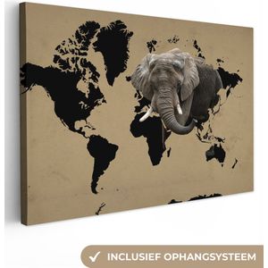 Canvas schilderij 120x80 cm - Wanddecoratie Wereldkaart - Zwart - Olifant - Muurdecoratie woonkamer - Kamer decoratie accessoires - Schilderijen