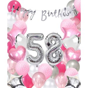 Snoes Ballonnen 58 Jaar Pink Blush Silver Mega Ballon - Compleet Feestpakket 58 Jaar - Verjaardag Versiering Slinger Happy Birthday – Folieballon – Latex Ballonnen - Helium Ballonnen - Zilver en Roze Verjaardag Decoratie