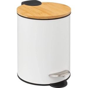 IBBO® - Luxe pedaalemmer - 3 Liter - Wit en hout - Afvalemmer - Toilet - Badkamer - Klein - Soft Close Deksel bamboo - Chique Design - Kleine Witte Pedaal Prullenbak - Afvalzak Inkeping - Vuilnisbak Badkamer - bamboo