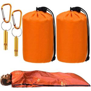 2 stuks - Noodslaapzak - Survival Slaapzak - Emergency Sleeping Bag - thermische bivakzakhoes - overlevingsonderkomen - Outdoor slaapzak - oranje - met fluitje en karabijnhaak - 210x90cm