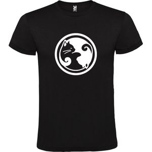 Zwart T shirt met  ""Ying Yang poezen"" print Wit size L