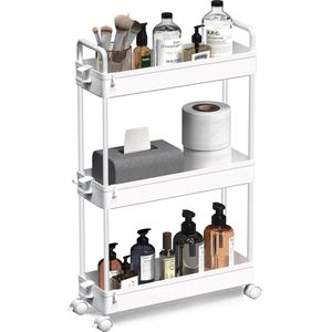 3-laagse opbergtrolley kar. Uitschuifbare slanke rollende boodschappenkar. Mobiele opslag rekken organizer voor keuken, badkamer, wasruimte, slaapkamer en smalle plaatsen, kunststof, wit