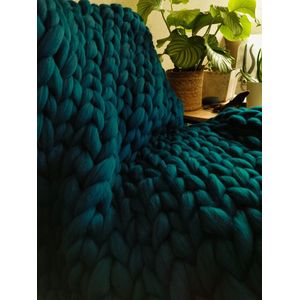 HOMEY & STUFF gebreide wollen deken XXL - 100% Handgemaakt Merino Lontwol Plaid - Huisdecoratie Kleed - 150 x 240 cm - Petrol | Donker Blauw / Groen