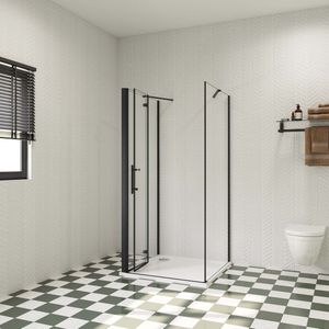 85x90x195cm douchecabine, met inklapbare vouwdeur en twee vaste zijwanden, 6mm helder EasyClean veiligheidsglas,mat zwarte aluminium frame, stabilisatiestang 73-120 cmX2