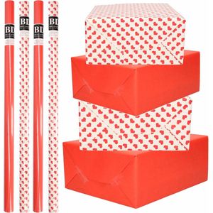 10x Rollen kraft inpakpapier pakket rood/wit met hartjes - liefde/Valentijn 200 x 70 cm/cadeaupapier/verzendpapier
