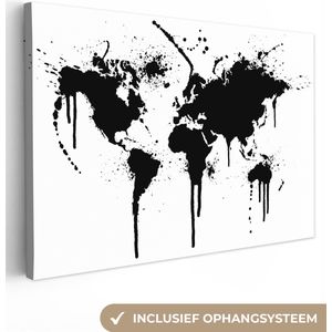 Canvas Wereldkaart - 140x90 - Wanddecoratie Wereldkaart - Inkt - Zwart - Wit - Kinderen - Jongens - Meisjes