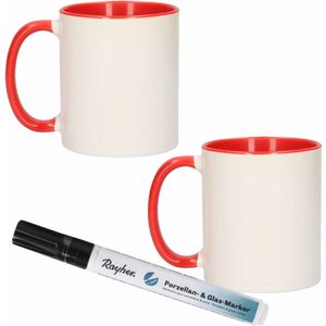 2x stuks rood/witte drink mokken van keramiek met een zwarte porseleijn marker stift - Maak uw eigen mokken