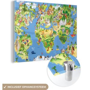 MuchoWow® Glasschilderij 80x60 cm - Schilderij acrylglas - Wereldkaart - Kinderen - Natuur - Dieren - Blauw - Groen - Foto op glas - Schilderijen