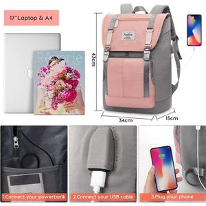 Rugzak Laptop Vrouwen met 17"" Laptop Compartiment,School Rugzak Meisje,Schooltas voor Universiteitsstudenten,Casual Dagrugzak,Dagrugzak met USB