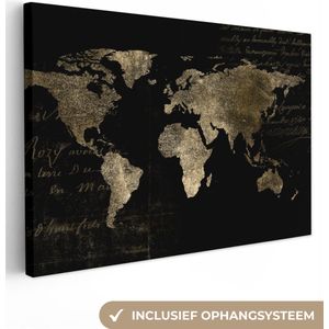 Canvas Wereldkaart - 150x100 - Wanddecoratie Wereldkaart - Goud - Vintage