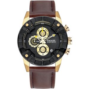 Sport-Style Chronograaf Heren Horloge Staalkast en Bruin Leder band | SMAEL 9155A44 | Waterdicht |Analoog | Mud | Shock bestendig | Leger | Timer | Master