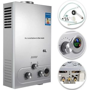 Vevor - Draagbare doorstroomwaterverwarmer - LPG Propaan Gasverwarmer - Tankloos - Wandmontage - 6L 12KW - Zilver