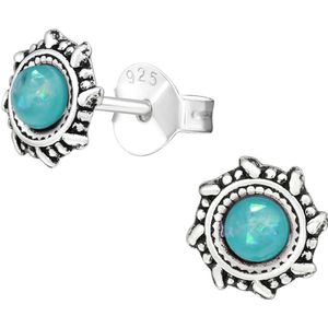 Joy|S - Zilveren Bali oorbellen - 6 mm - blauw opal - geoxideerd