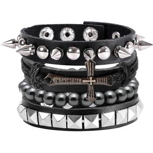 Gevlochten leren armband met houten kralen - verstelbaar en manchetstijl, 4-6 stuks
