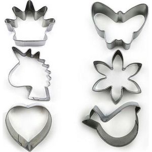 Set met koekjesvormpjes - zilverkleurig Roestvrij staal bakvorm - kroon, eenhoorn unicorn, hart, vlinder, bloem, vogel - 6 stuks - kerst cadeau tip