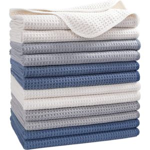Premium Microfibre Kitchen Towel - Waffle Pattern - Pack of 12 - Dark Blue Grey Off White - 40.6 x 71 cm